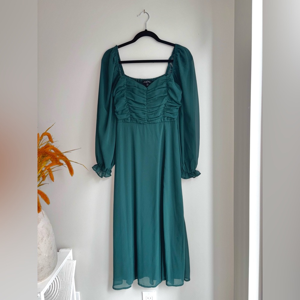 Emerald Green Ruched Midi Dress | Long Sleeve Square Neck Flowy Chiffon